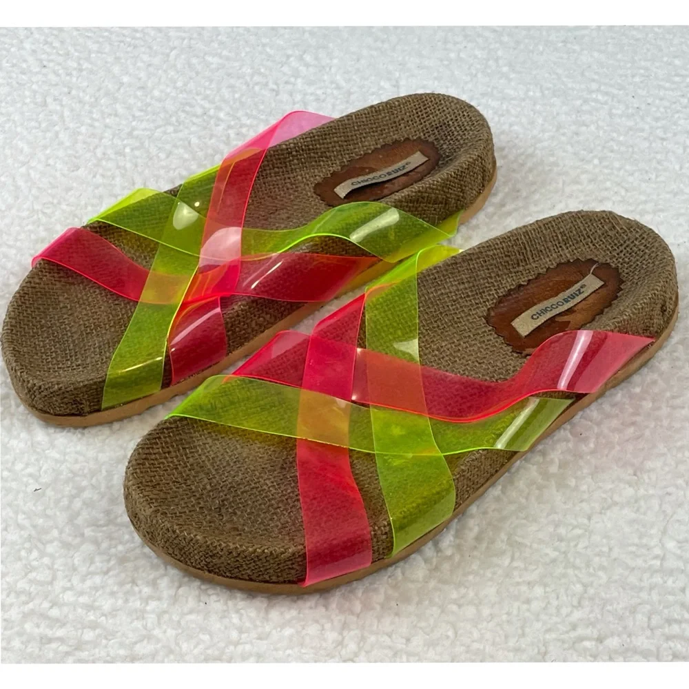 CHICCO RUIZ • Pink and Green Criss Cross Slip-On Sandals, 8.5 - Picture 7 of 16
